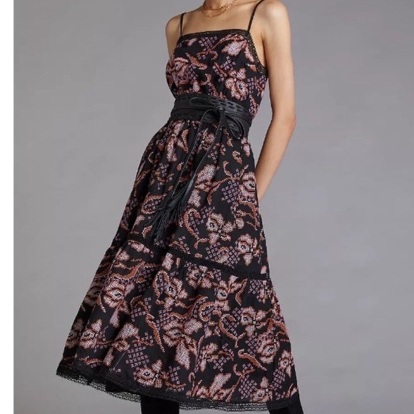 Anthropologie Dresses & Skirts - Anthropologie Embroidered Cross Stitch Floral Midi Dress Black Small Lace Trim